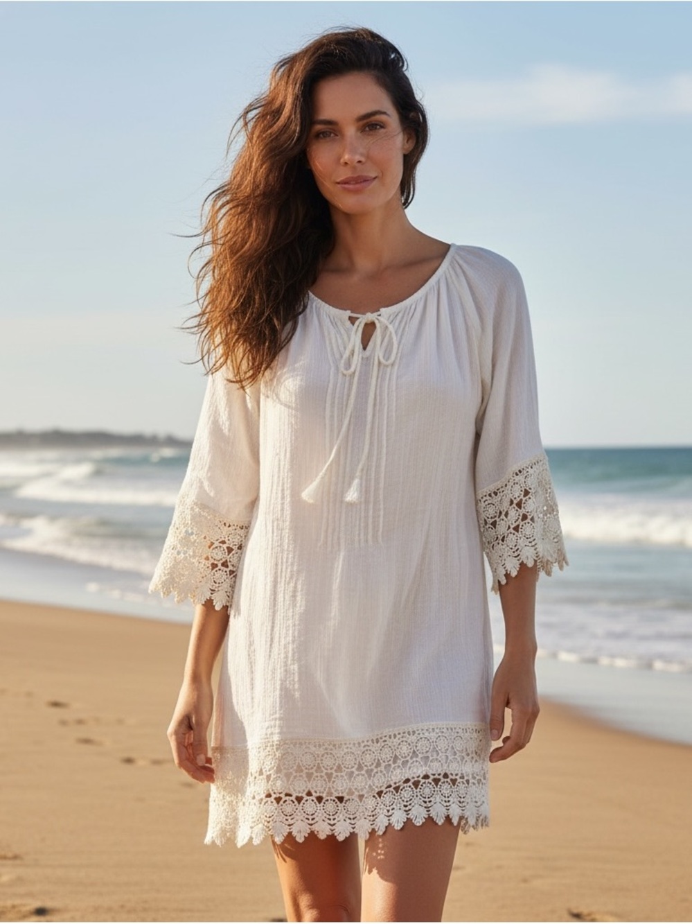 NWT Blue Island White Cotton Scoop Neck Lace Trim Tunic Dress Coverup SZ Large